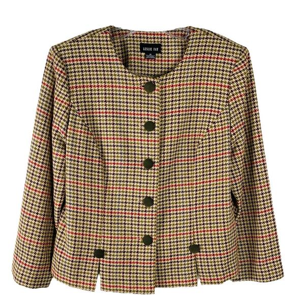 Vintage tan red green houndstooth preppy light academia button blazer jacket 10 - Picture 1 of 6